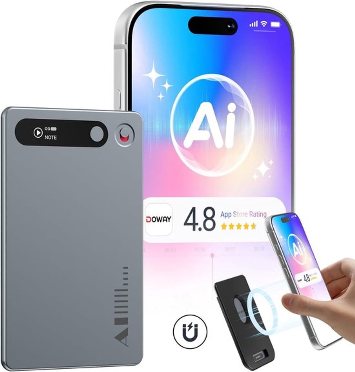 Spraakrecorder AI Transcriptie - 64 GB Opslag - Compact 86x54x3.2 mm - Zilver - Voor Vergaderingen En Lezingen — afbeelding 1