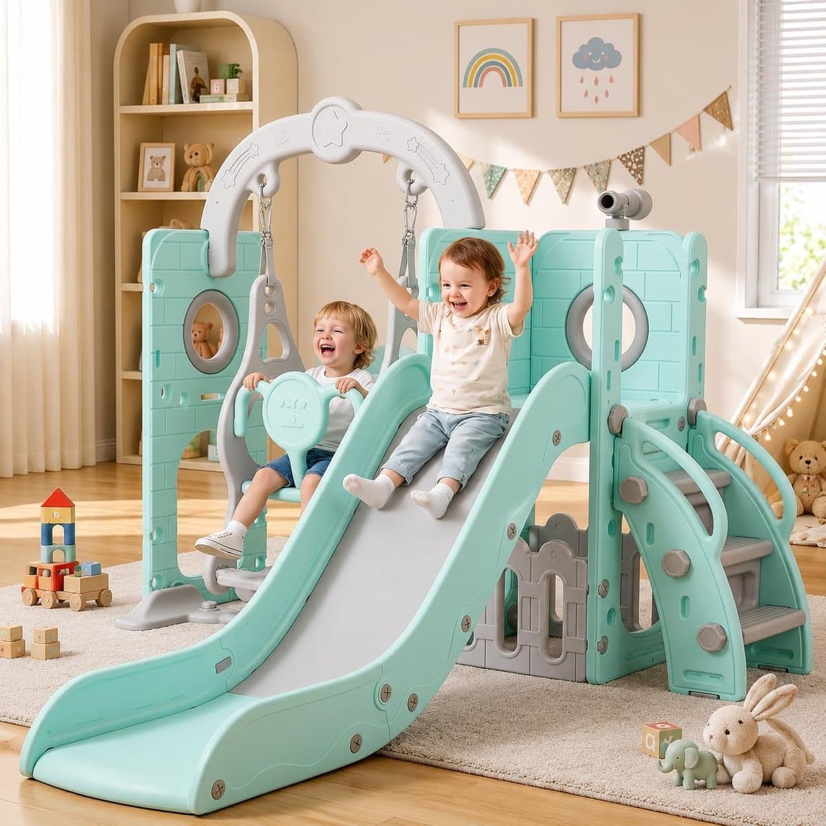 5-in-1 Kinderglijbaan met Schommel, Klimrek, Telescoop, Opbergruimte, Binnen- en Buiten Vrijstaande Glijbaan, Speeltuin Voor Peuters, Schommelset, Voor max. 60KG Van 1-6 Jaar — afbeelding 1