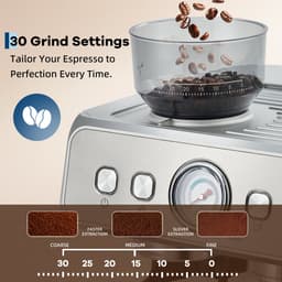 Espressomachine RVS met Bonenmaler - 42x40x48cm - Koffiemachine - 20 Bar Druk - 1400W - Afneembare 2.8L Watertank - met Stoompijp - Voor Thuis En Kantoor - Zilver — thumbnail 3