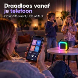 Cheqo® Karaoke Set met 2 Draadloze Microfoons - Karaoke Machine voor Kinderen en Volwassenen - RGB LED Verlichting - Party Speaker met Microfoon - Draagbare Luidspreker met Handvat - Muziekbox - Echo Effect - Oplaadbaar met USB - Zwart — thumbnail 4
