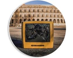 Forex Wandcirkel - Kapotte Gele Televisie  - 20x20cm Foto op Wandcirkel (met ophangsysteem)