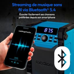 MEDION E65895 Bouwplaatsradio met oplaadbare batterij (robuuste behuizing, draaggreep, Bluetooth, spatwaterdicht (IP54), FM-radio, AUX) groen — thumbnail 3