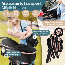 KESSER® Kinderwagen 3 in 1 Loops Wandelwagen Set incl. Autostoel & Reiswieg & Buggy Sportzitje - Massieve Rubberbanden - Luiertas / Regenhoes - Zwart / Roségoud — thumbnail 2