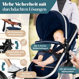 KESSER® Kinderwagen 3 in 1 Loops Wandelwagen Set incl. Autostoel & Reiswieg & Buggy Sportzitje - Massieve Rubberbanden - Luiertas / Regenhoes - Blauw / Zilver — thumbnail 5