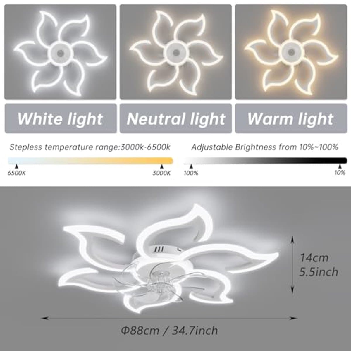 Slimme plafondventilator met LED verlichting, afstandsbediening, en spraakbediening - Stil in zomer/wintermodus, witte kleur — afbeelding 1