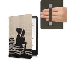 kwmobile e-reader hoesje geschikt voor Amazon Kindle Paperwhite 11. Generation 2021 hoes - E reader flip case met magneetsluiting - Ereader cover - Meisje met boeken design in zwart / beige