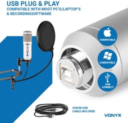 USB microfoon voor pc - Studio microfoon met standaard - Vonyx CMS320 Condensator - Ruisfilter- Titanium — thumbnail 2