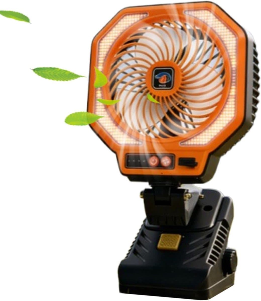 Kampeerventilator met lamp - Oplaadbare ventilator - Buitenactiviteiten en stroomuitval - 3-snelheden stille werking - 16x15x16 cm - Oranje — afbeelding 1