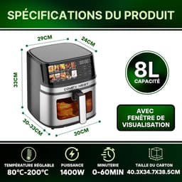 Heteluchtfriteuse 8 Liter - Airfryer XL - Gezond Koken - 10 Programma's Digitaal - 1700 Watt - Zwart — thumbnail 2