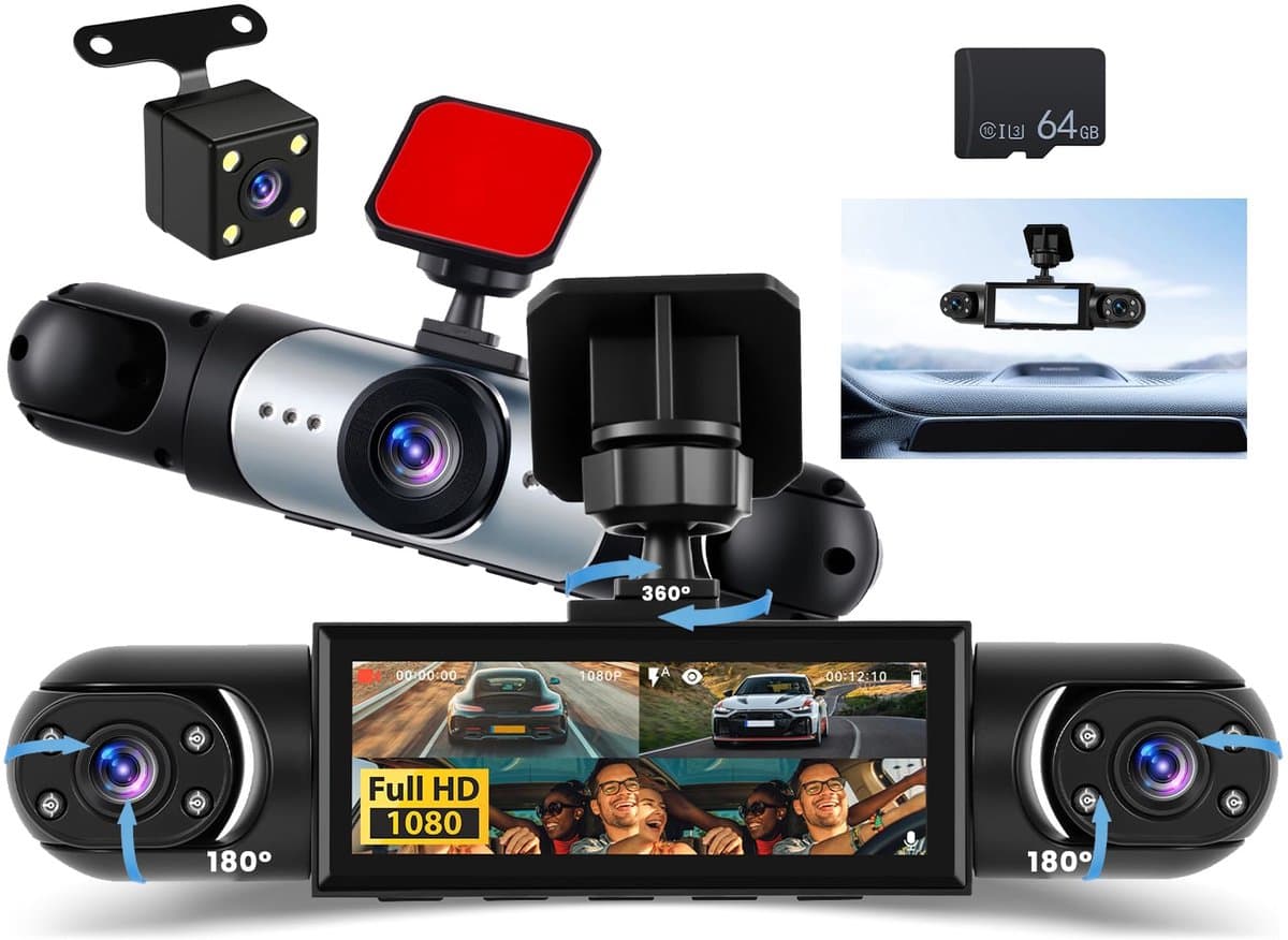 SnelShoppen - 4 Kanaals Dash Cam 360° 1080P Auto Camera met 3,16 inch Display, 64G SD-kaart, Loopopname, Nachtzicht, Groothoek 150°, Bewegingsdetectie — afbeelding 1