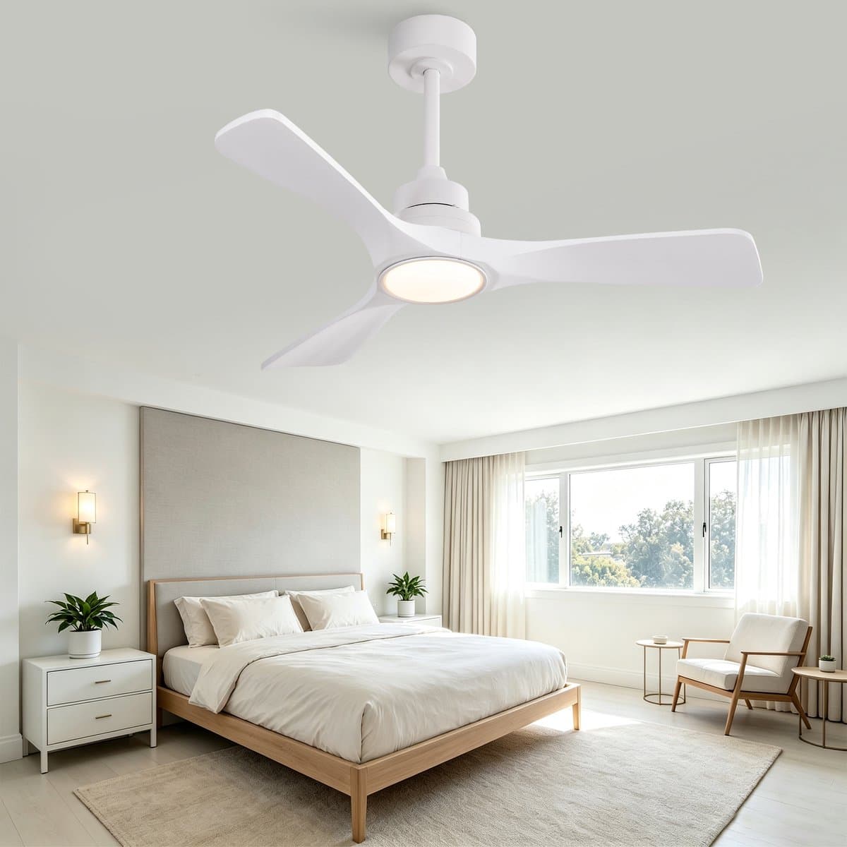 Re-purelife® Koel Zomer Collectie Plafondventilator met Verlichting 106×106×34,3 cm - Wit - Massief Houten 3-Blads Propeller - Stille Omkeerbare Gelijkstroommotor - 6 Snelheden - Afstandsbediening - 3 Lichtkleuren Dimbaar - voor winter en zomer — afbeelding 1