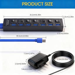 USB Hub - Poorten Uitbreider - Werkplek Organiseren - 7+1 Poorten - 5Gbps Snelheid - Zwart — thumbnail 3
