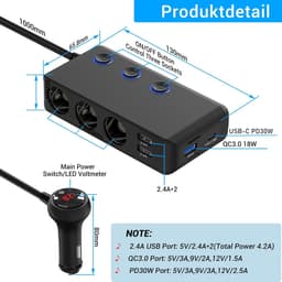 Thijox - PD 30W Sigarettenaansteker Splitter Auto 200W met 3 Stopcontacten en 4 USB Oplaadpoorten, USB-C, QC 3.0, LED Voltmeter voor Auto, Mobiele Tel — thumbnail 2