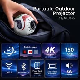 SnelShoppen - Mini-beamer 4K 1080P - Draagbare Projector voor Buiten - Ondersteunt Powerbank, WiFi 6, BT 5.4 - Ideaal voor Mobiele Telefoon, HDMI, PC — thumbnail 2