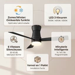 Plafondventilator met lamp - Diameter 106.6 cm - 3 kleurtemperaturen en 6 stille snelheden - omkeerbare motor - modern - Zwart — thumbnail 2
