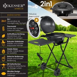 KESSER® Elektrische Barbecue 2in1 Tafelgrill 2400W - Staande Grill BBQ met deksel, Thermometer en Grillplaat - Tafelbarbecue Antiaanbaklaag met Opbergtafel en 2 wielen - Zwart — thumbnail 2