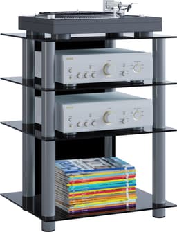 VCM hifi-kasten, platenspelerkast, stereokast, hifi-rekken, routerstandaard, hifi-rekken en -standaards, witte platenspelerstandaard, draaitafelstandaard met opbergruimte voor vinylplaten, platenspelermeubel, glazen tv-meubel, mediameubel — thumbnail 1
