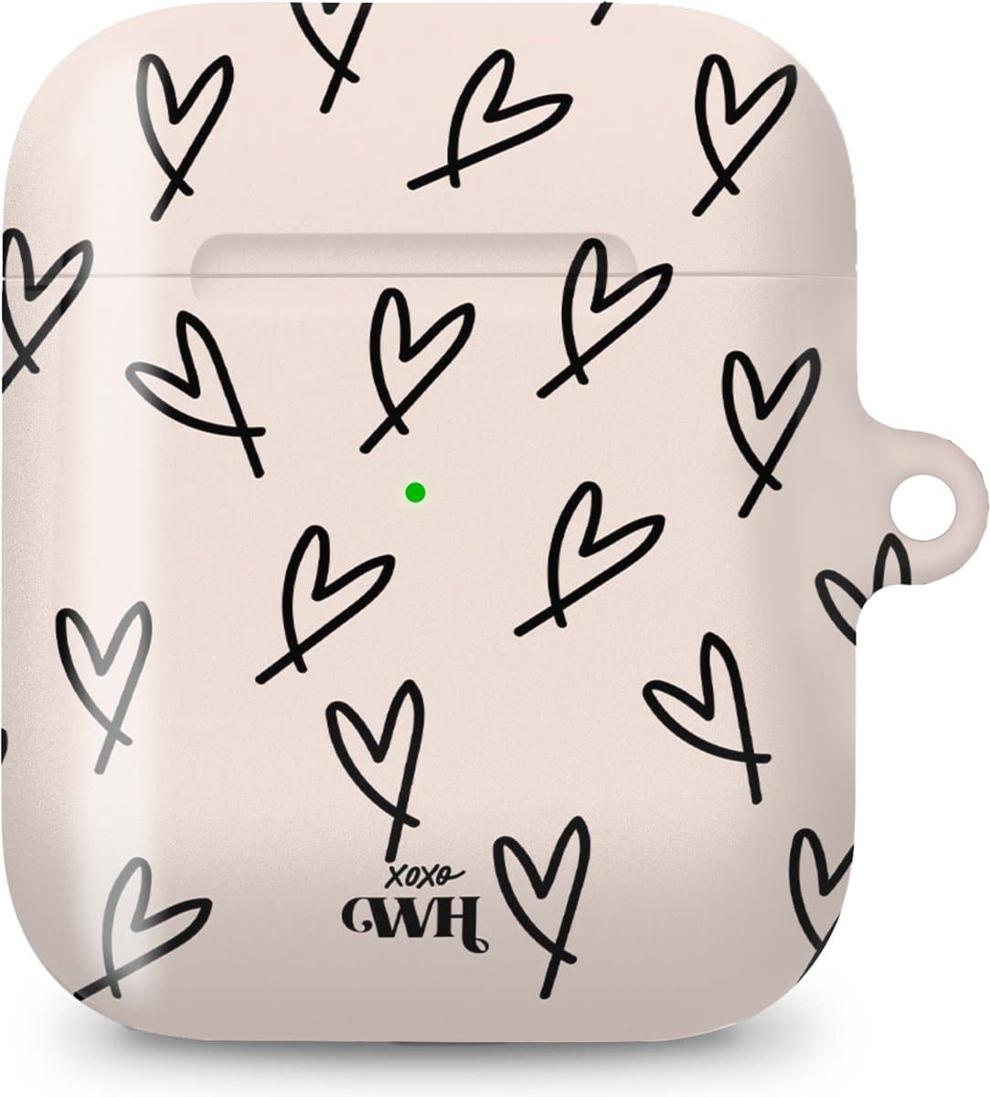 xoxo Wildhearts hoesje geschikt voor AirPods 1 / 2 - All Yours - Glossy - Ook als telefoonhoesje verkrijgbaar - schokbestendige case - koptelefoon hoesje - Glimmend - Beschermhoes met hartjesprint - hartjes - Beige - Zwart — afbeelding 1