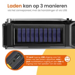 Goliving Noodradio - 17 x 9 x 4 cm - Draagbare Radio - Powerbank Zonneenergie Solar Opwindbaar - Zaklamp Oplaadbaar - Digitale Wekker - Bluetooth - 10000 mAH - 80 dB - Zwart — thumbnail 5