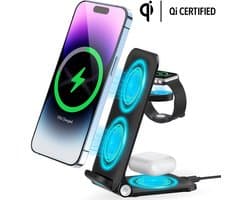 Phreeze 3-in-1 Draadloze Oplader - 15W - Snellader - Zwart - Wireless Fast Charger - Voor Mobiele Telefoon, Smartwatch, GSM, Smartphone, Draadloze Oordopjes