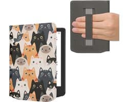 kwmobile e-reader hoesje geschikt voor Pocketbook Verse / Verse Lite / Verse Pro / Color / Vivlio Light/Light HD hoes - E reader flip case met magneetsluiting - Ereader cover - Katten design in oranje / zwart / wit