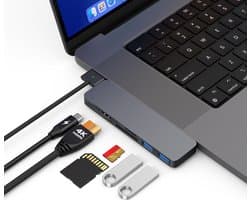 M-TECK MacBook Air/Pro USB-C - Dock - HUB - Splitter - 1 x HDMI 4K60Hz - 1 x Thunderbolt - 2 x USB3.0 - SD/MicroSD kaartlezer - M1/M2/M3/M4- Kleur: Space Grey