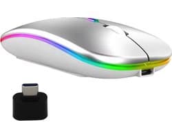 Draadloze LED Bluetooth Muis - Ergonomisch - RGB - Laptop en Gaming - Draadloos - Zilver - Met USB-C hub
