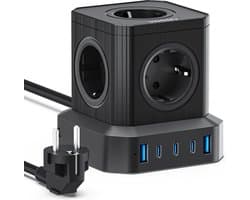 Voomy Cube 65W Stekkerdoos - 3 USB-C & 2 USB-A Poorten - 5 Stopcontacten - Aan / Uit schakelaar - Snellader voor Laptop, Telefoon & Tablet - Powercube - Oplader, Adapter, Verlengsnoer - Zwart