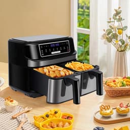 Digitale Airfryer - PFAS vrij - Groot 9 Liter - Heteluchtfriteuse - Zwart - Digital screen - 8 Voorinstellingen - Inclusief in hoogte verstelbaar Grillrack - 2 onafhankelijke 4,5L lades - met LED-touchscreen — thumbnail 7