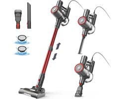 Yisora - Steelstofzuiger met snoer - Steelstofzuigers - 3 in 1 Stofzuiger zonder zak - Handstofzuiger met steel - 3 verschillende opzetstukken - 600W - Rood - 23Kpa- ultra licht