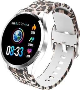 Belesy® BQSiZiPk - Limited edition - Smartwatch Dames - Smartwatch Heren - Horloge - Stappenteller - 1.3 inch - Kleurenscherm - 10x Sporten - INDOOR en OUTDOOR - Zilver - Siliconen - Roze - extra polsband Panterprint - Moederdag — thumbnail 3