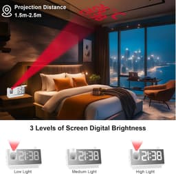 Wekker met projectiefunctie voor de slaapkamer, digitale klok met 180° projector, led-display, dubbele alarmen, temperatuur- en vochtigheidsweergave, dubbele USB-poort, voor diepe slapers — thumbnail 2