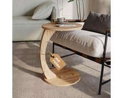 C-vormige salontafel met wieltjes – compacte ronde bijzettafel 38 cm diameter x 56 cm hoogte – stijlvolle notenhouten look voor bank en woonkamer – multifunctionele laptop- en koffietafel – Abkantoor