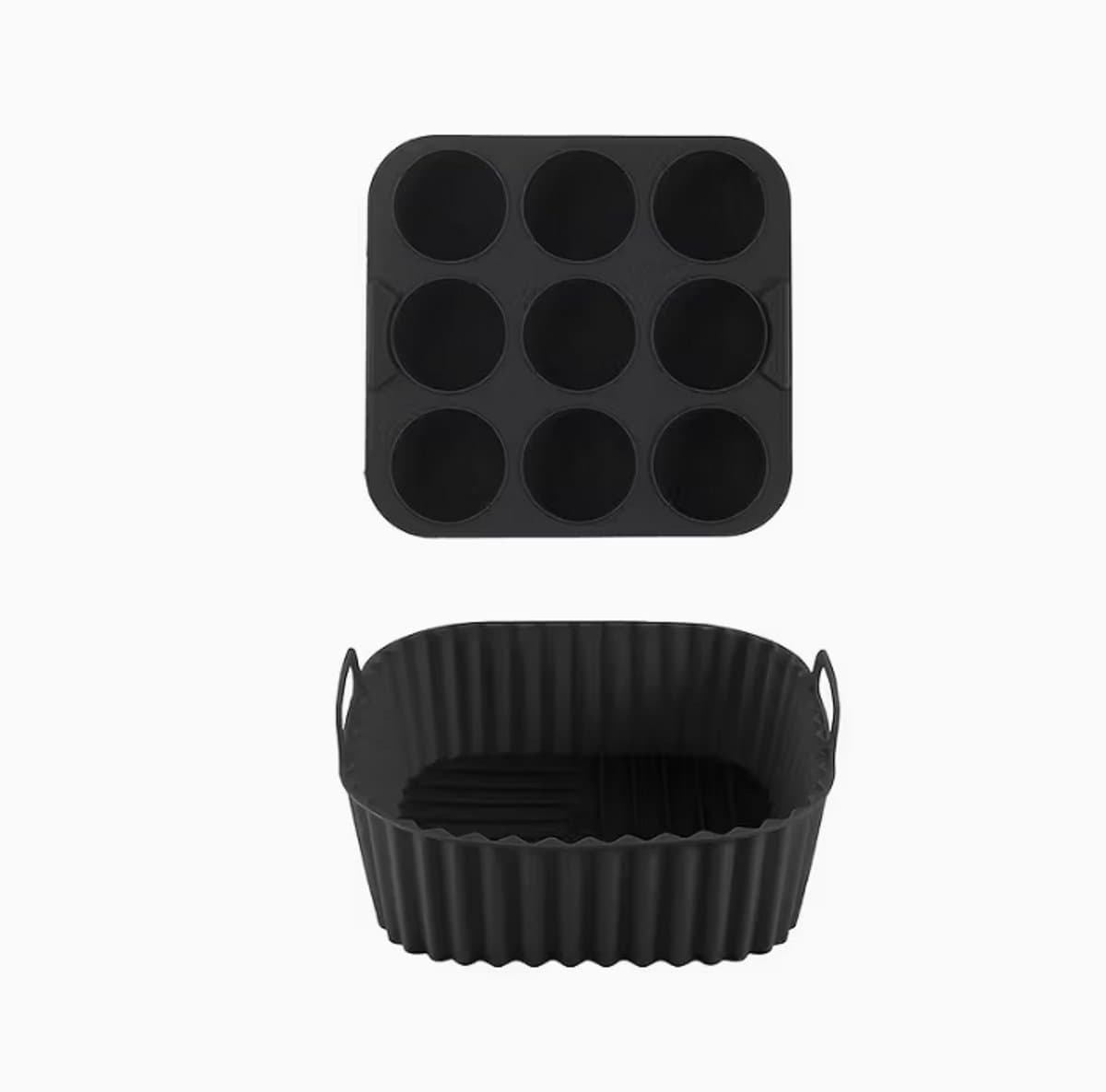 Set van 2 siliconen inlegvellen en muffinvorm voor airfryers-Herbruikbare anti-aanbak bakvormen met cupcake- en vierkante vormen, geschikt voor Instant Pots en airfryer ovens, gemakkelijk te verwijderen en schoon te maken, compatibel met mini quiches — afbeelding 1