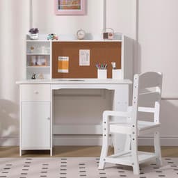 Kinderbureau en Stoel met Opbergruimte - Houten Kindertafel met Etagère, Prikbord & Lade - Verstelbare Kinderstoel - Studiehoek Kinderkamer - 97x46x101cm - wit — thumbnail 5