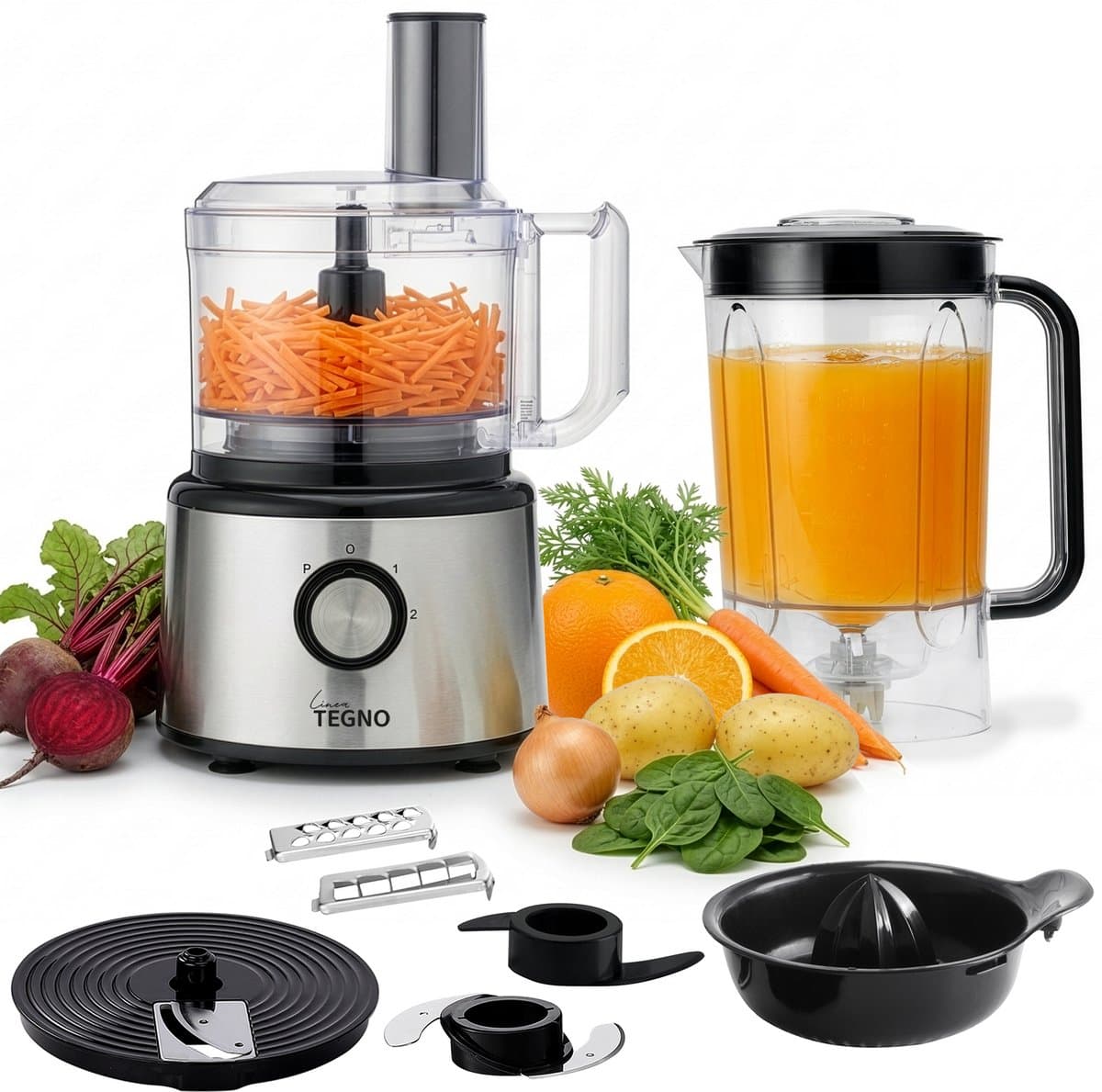 Linea Tegno Food Processor PRO-FP8001 - 5-in-1 RVS keukenmachine: blender, hakmolen, groentesnijder, citruspers en mixer in één. Voor groenten, fruit, noten, soepen, deegsoorten. 2,3L kom - Sinaasappels persen. 2,7L blender voor smoothies & shakes — afbeelding 1