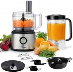 Linea Tegno Food Processor PRO-FP8001 - 5-in-1 RVS keukenmachine: blender, hakmolen, groentesnijder, citruspers en mixer in één. Voor groenten, fruit, noten, soepen, deegsoorten. 2,3L kom - Sinaasappels persen. 2,7L blender voor smoothies & shakes — thumbnail 1