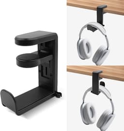 Draaibare hoofdtelefoonstandaard, verstelbare klemhouder voor hoofdtelefoons, hoofdtelefoonhaak voor onder het bureau met 360 graden draaifunctie en kabelclip. — thumbnail 1