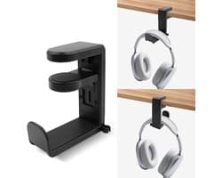 Draaibare hoofdtelefoonstandaard, verstelbare klemhouder voor hoofdtelefoons, hoofdtelefoonhaak voor onder het bureau met 360 graden draaifunctie en kabelclip.