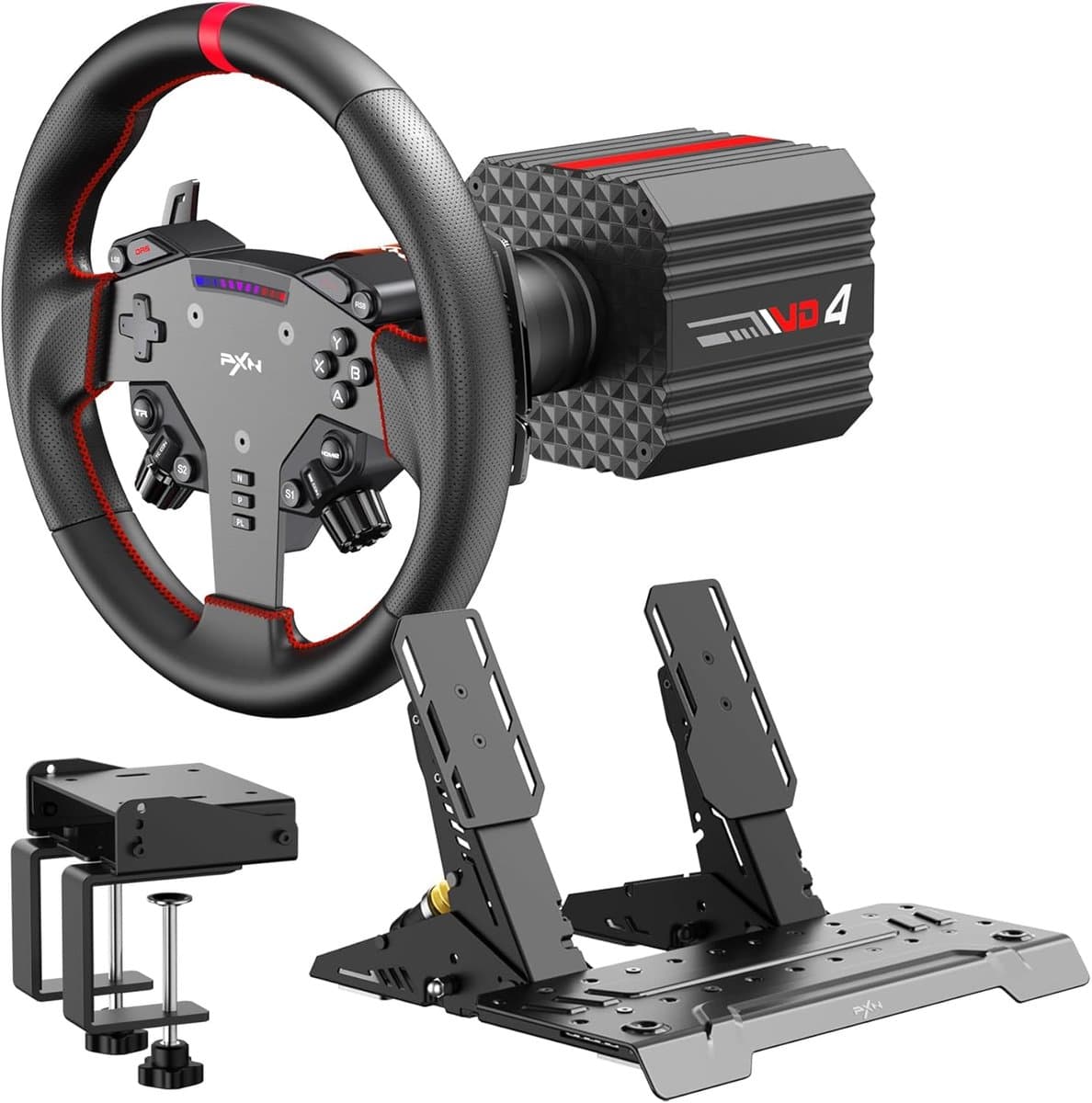 PXN VD4 Bundel - Direct Drive Racing Stuur - 4 Nm - W AS Stuurwiel - PD HM 2-Pedaalset - 400° Rotatie - PC Windows - Zwart — afbeelding 1