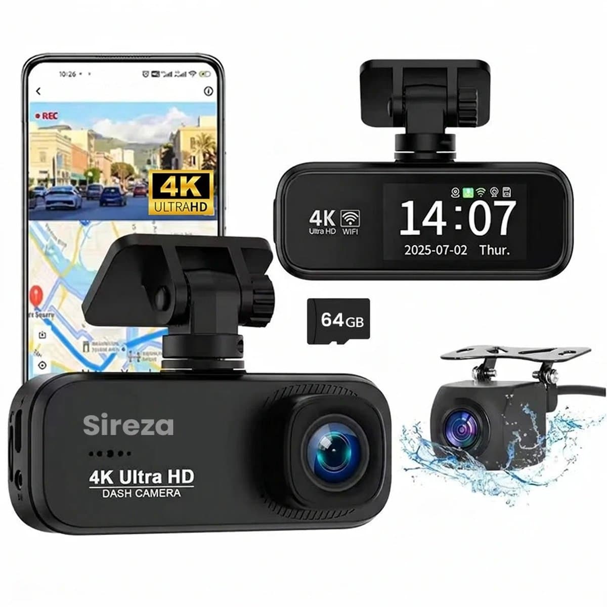 Sireza® D3 - Dashcam - Dashcam Voor Auto - Dual Dashcam - Ultra 4K & UHD - Voor en Achter Camera - WiFi - 2 inch met App - GPS live locatie + snelheid - 64GB SD Kaart - Loop Opname - G Sensor -mini koevoet - NL/FR/ENG Handleiding + NL Systeem — afbeelding 1