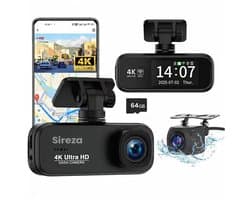 Sireza® D3 - Dashcam - Dashcam Voor Auto - Dual Dashcam - Ultra 4K & UHD - Voor en Achter Camera - WiFi - 2 inch met App - GPS live locatie + snelheid - 64GB SD Kaart - Loop Opname - G Sensor -mini koevoet - NL/FR/ENG Handleiding + NL Systeem