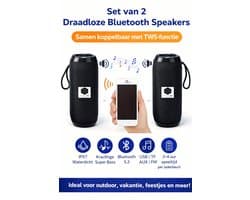 Set van 2 Draadloze Bluetooth Speakers 10W – TWS Koppelbaar – IPX7 Waterdicht – Draagbare Outdoor Speaker – Super Bass – Bluetooth 5.3 – USB TF AUX FM – 1200mAh – 2x speakers Zwart