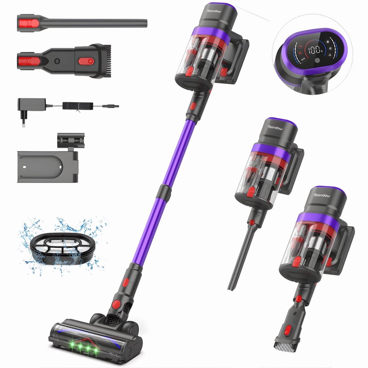 Teendow V20 Strong Steelstofzuiger Draadloos – 500W Borstelloze Motor – 40kPa – LED Touchscreen – Dubbel Stofreservoir – Groen Licht Anti-Klit Borstel – Wandhouder + Laadstation — afbeelding 1