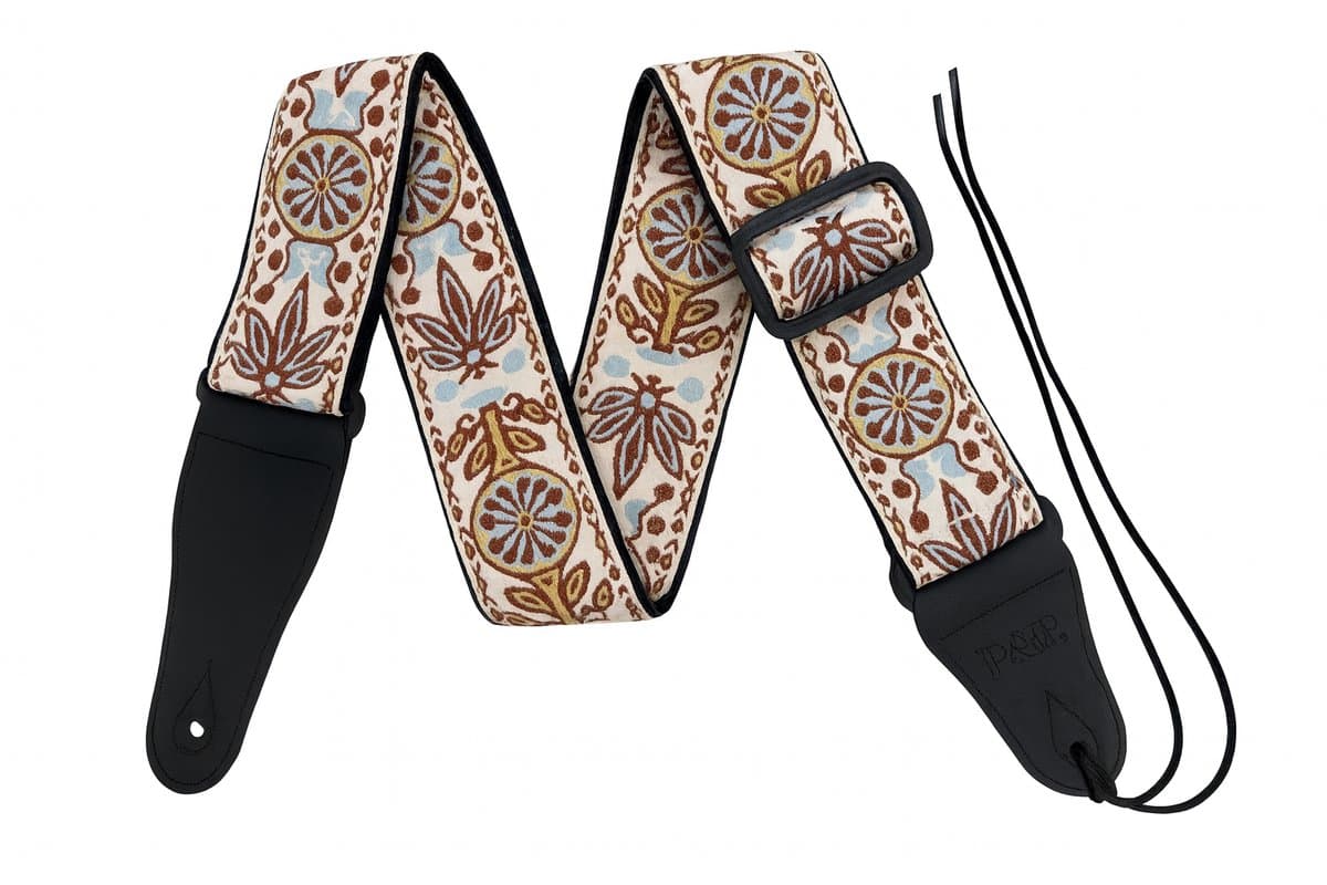 P&P® - Professionele Verstelbare Stevige Gitaarband - Guitar strap Band - Luxe Gitaarriem - Bas/Elektrische /Akoestische/ Klassieke Gitaar - Geborduurd Wit-Geel — afbeelding 1