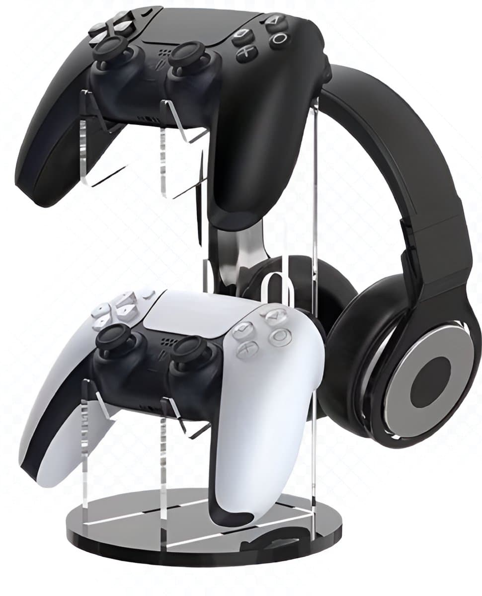 Controller Houder voor 2 Controllers en Headset - Gaming – 23,5 cm – Acryl Zwart/Transparant — afbeelding 1