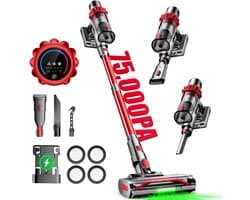 Hiaonyx steelstofzuiger - 8-in-1 steelstofzuiger draadloos - 75000pa -LED Verlichting - Groene Stofdetectielamp - Geschikt voor Tapijten - Harde Vloeren en Dierenharen -2-liter stofopvangbox - Rood