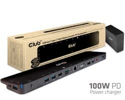 Club 3D Universeel Dockingstation USB Type-C 3.2 Gen 1 met ondersteuning voor drie beeldschermen, dynamisch PD-opladen + 100 W PD-lader