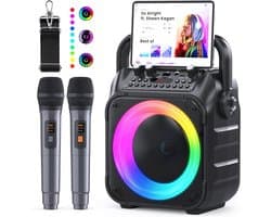 Karaoke Machine met 2 microfoons, draagbare karaokemachine voor volwassenen en kinderen, Bluetooth-luidspreker met PA-systeem, ondersteunt TWS/FM/AUX/USB/TF/REC voor feestjes, verjaardagen en thuisgebruik (zwart)