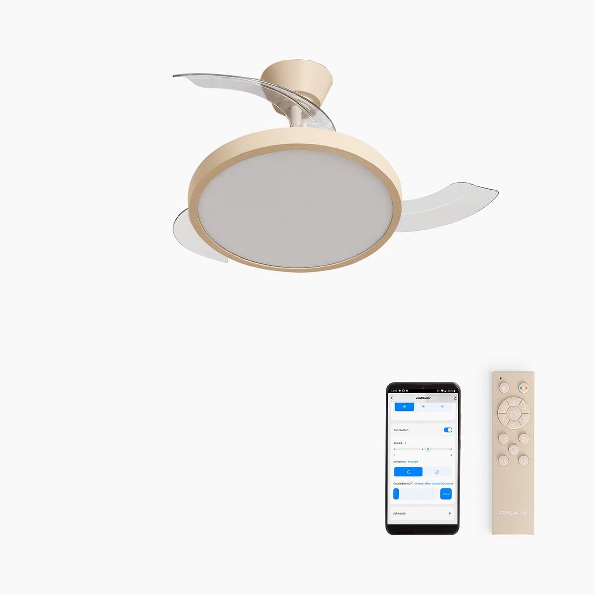 CREATE - Plafondventilator 40W stil met intrekbare bladen met licht - Ø91cm - Zand - WIFI + afstandsbediening - WIND CLEAR STUDIO — afbeelding 1